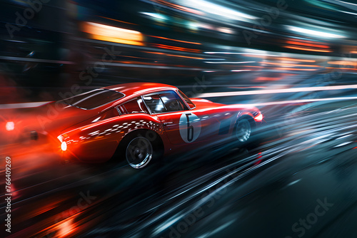 Sport car in high speed blur art photography, a slow motion camera art photography of a racing car on blurred background. A speedy car illustration for a poster and music album. © Graphicsnice