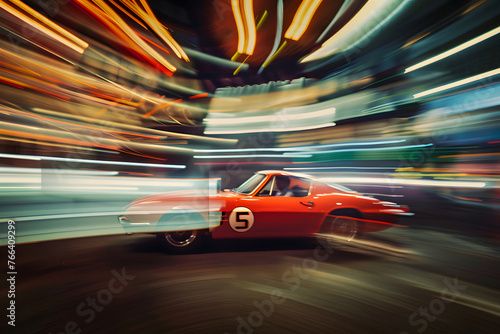 Racing car blur art photography, a slow motion camera art photography of a sport car on blurred background. A modern car in high speed, a speedy car illustration for a poster and music album.