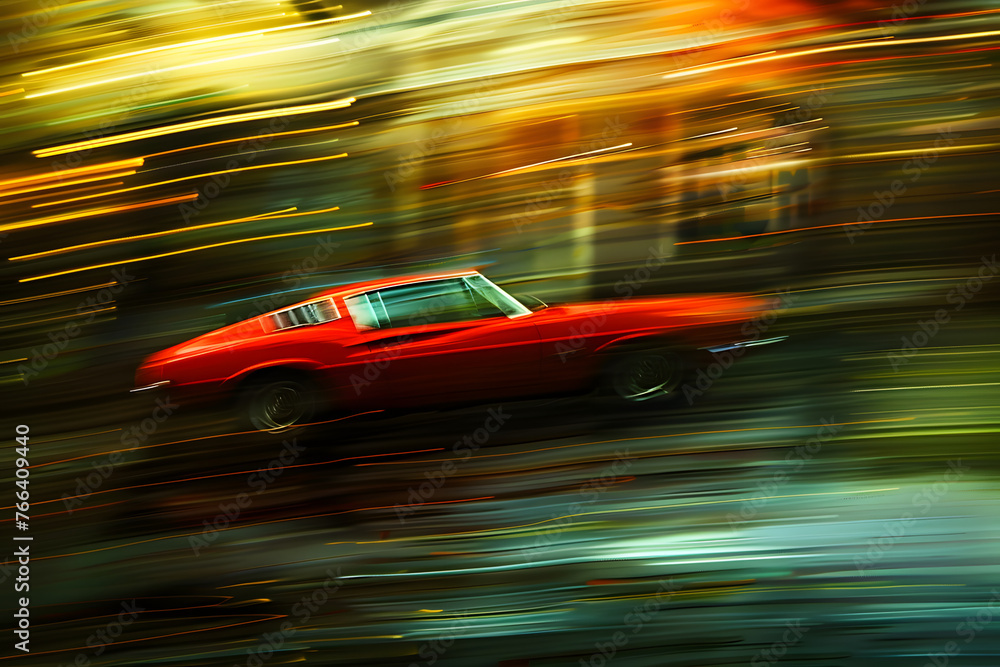 Naklejka premium Racing car blur art photography, a slow motion camera art photography of a sport car on blurred background. A modern car in high speed, a speedy car illustration for a poster and music album.