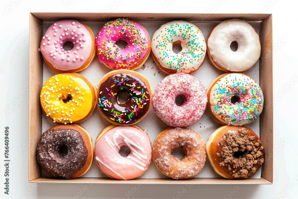 box of different colorful donuts - top view