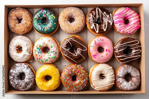 box of different colorful donuts - top view