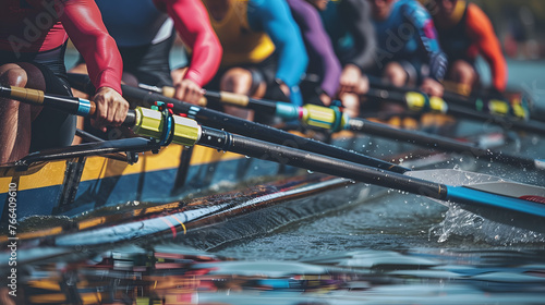 Rowing team in action at a regatta. Sports and competition concept. Selective focus on rowing oars and water splashes for sports design, event poster, and athletic themes. Side view action shot © Ekaterina