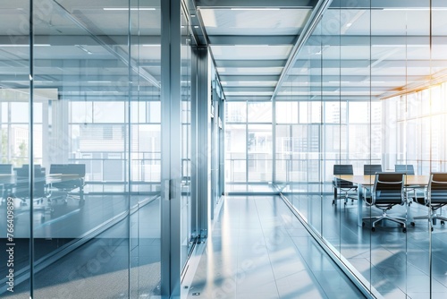 Bright office building with view of board room behind glass wall