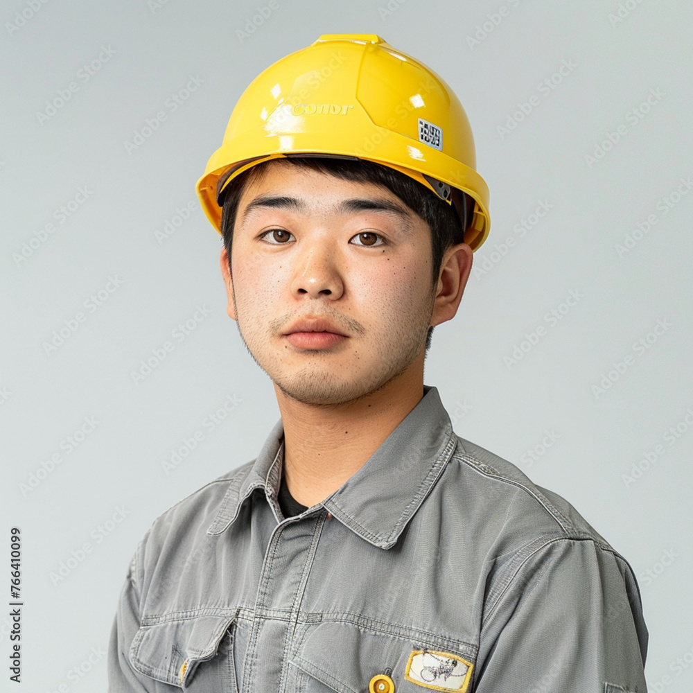 A handsome 27-year-old Japanese man with a clean nose and brown eyebrows, electrician, wearing a yellow electrician's helmet, wearing gray work clothes, his body facing the camera. white background