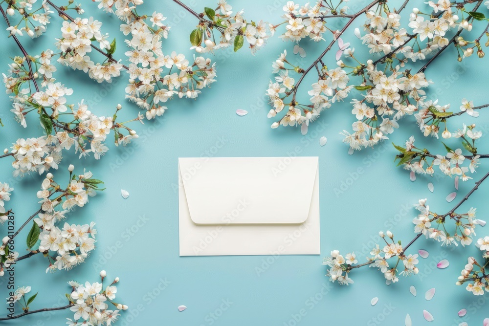 Cherry tree blossom, branches with white spring flowers and envelope over blue background Cherry tree blossom, branches with white spring flowers and envelope over blue background
