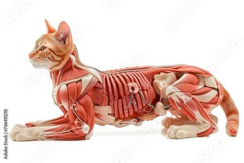 cat anatomy showing body and head, face with muscular system visible isolated on solid white background photo