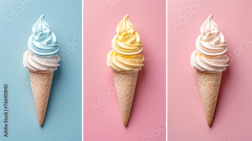 Various flavors of ice cream on a colorful background. Summer concept.