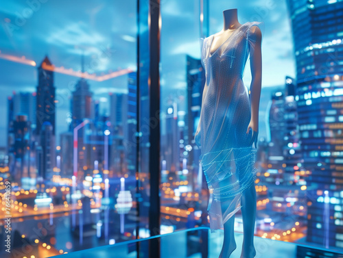 Next-gen fashion tech, photorealistic smart fabrics adapting to environment, modeled in a sleek, future cityscape