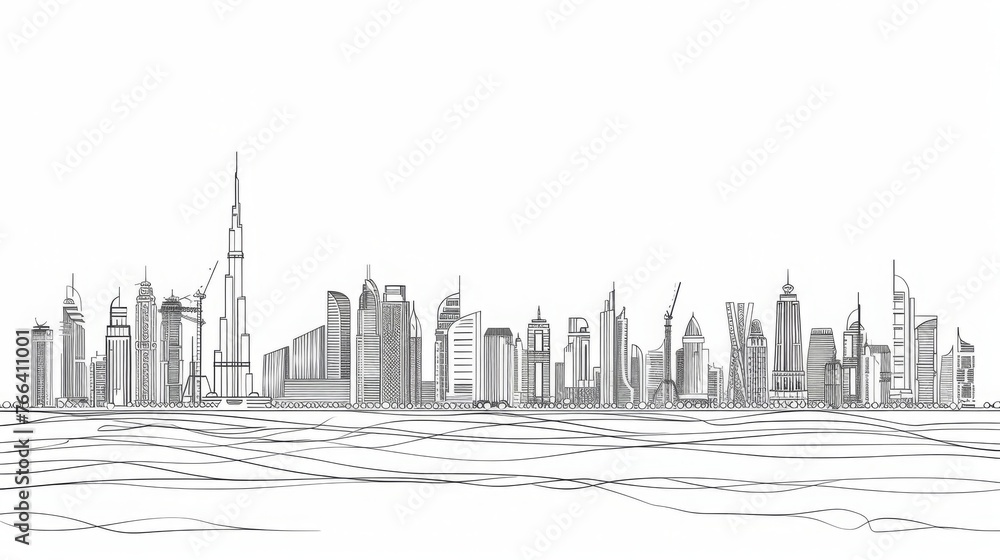 Naklejka premium One continuous line drawing of Dubai city skyline United Arab Emirates. Beautiful city landmark. World landscape tourism and travel. Editable stylish stroke single line draw design vector illustration