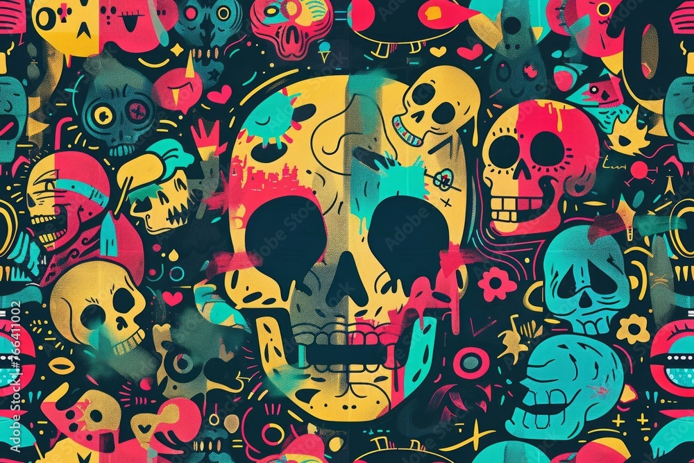 Fototapeta premium Whimsical Skull Emoji Arrangement: Artistic and Seamless Pattern for Illustrative Design