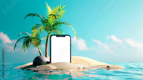 Smartphone with transparent screen on a summer background  on the beach  sea  vacation. Mock up  3D.