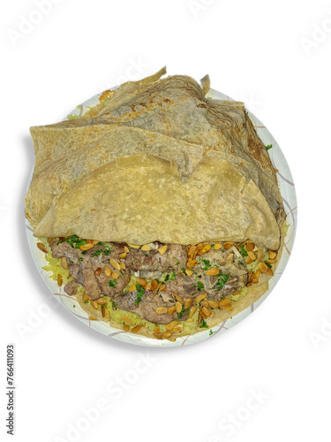 Mansaf, a Jordanian national dish isolated on white background