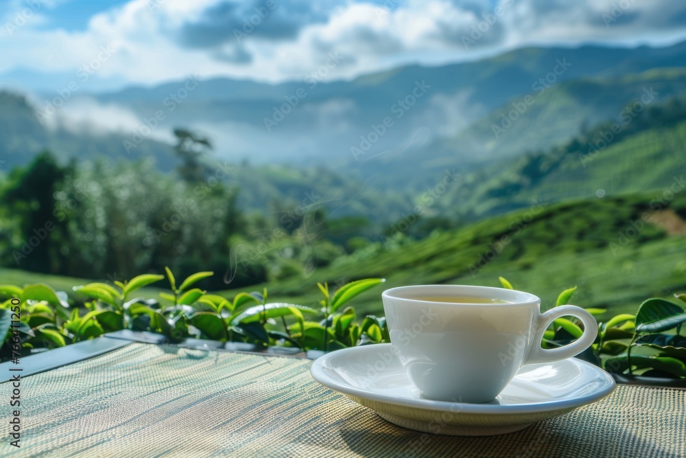 Cup of green tea placed on table in tea plantations and mountains landscape background