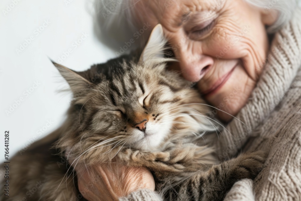 Cute close-up image of an senior woman hugging his adorable cat, isolated on white background Cute close-up image of an senior woman hugging his adorable cat, isolated on white background