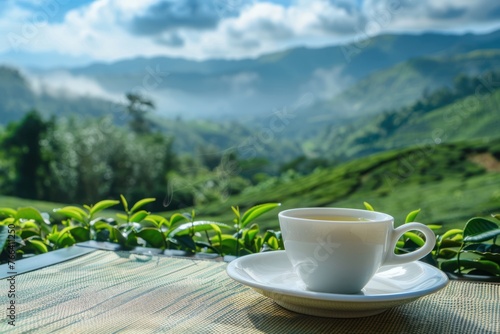 Cup of green tea placed on table in tea plantations and mountains landscape background