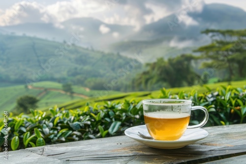 Cup of green tea placed on table in tea plantations and mountains landscape background