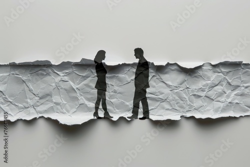 divorce man and woman separated on a piece of paper on a white background photo