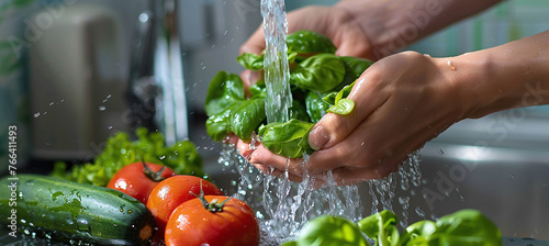 Woman's hands washing a fresh Vegetable to remove pesticides before cooking in kitchen under the tap