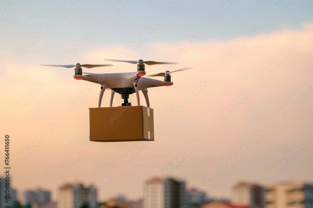 Drone delivery delivering post package, Technological shipment innovation drone fast delivery concept, and safe delivery Drone delivery delivering post package, Technological shipment innovation drone fast delivery concept, and safe delivery