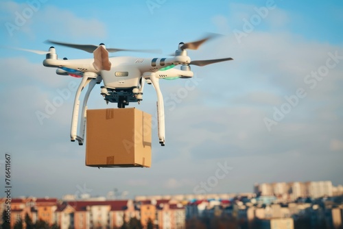 Drone delivery delivering post package, Technological shipment innovation drone fast delivery concept, and safe delivery