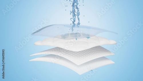 3d ventilate shows water splash transparent for diapers, synthetic fiber hair absorbent layer with sanitary napkin, transparent film baby diaper adult concept, 3d render illustration, alpha channel photo