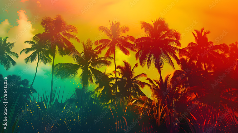 Coconut trees that look like silhouettes against the sky and use reggae-style colors.
