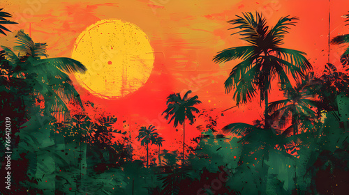 Background in the concept of summer with silhouettes of coconut trees with visible sky and sun using reggae style colors.