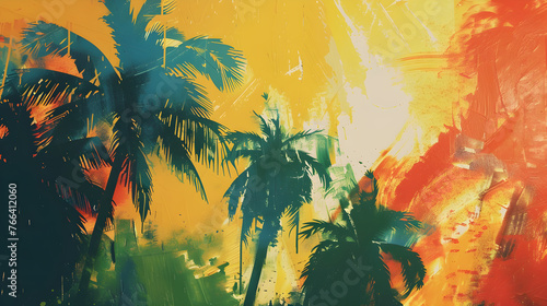 Grunge background with coconut tree silhouettes using reggae style colors.
