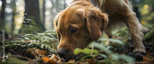 The dog smelled truffles in the forest with his nose