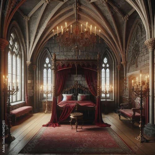 Chambre medievale dans un château imaginaire avec lit à baldalquins rouge bordeaux dans une grande chambre avec des fenêtres hautes photo