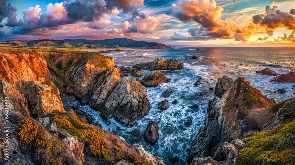 Sunset over rugged coastal cliffs
