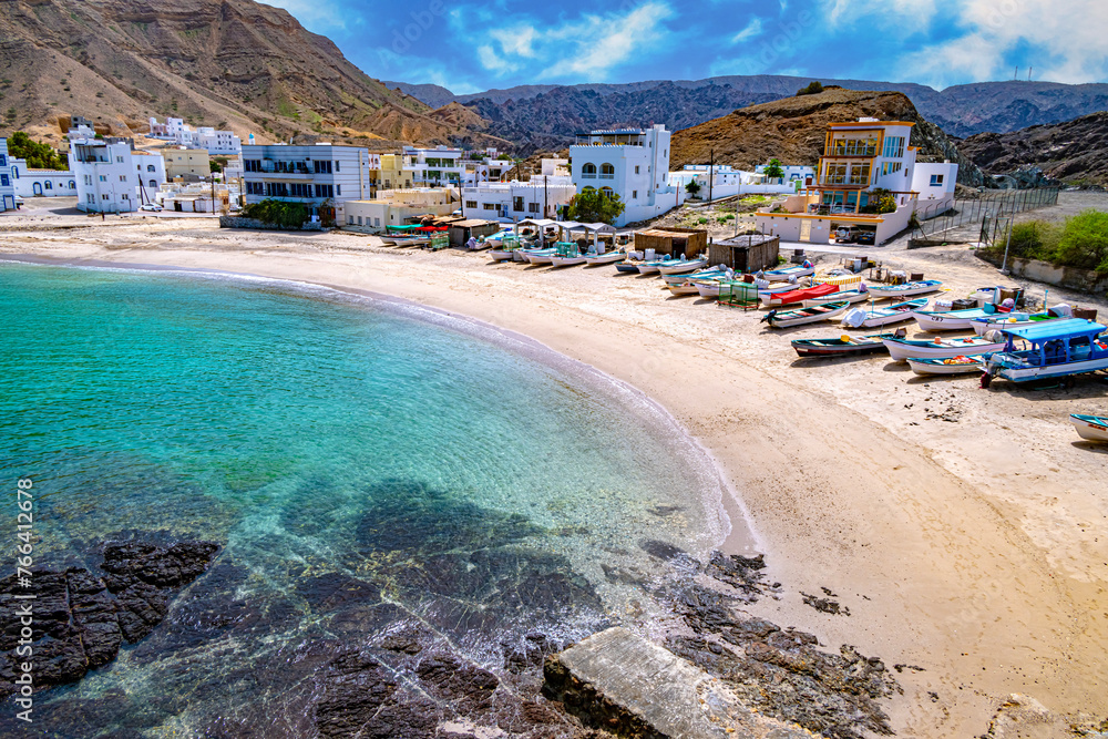 Qantab beach, a popular tourist destination near Muscat, Oman - obrazy, fototapety, plakaty 