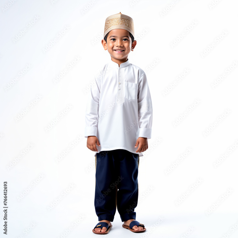 Male Indonesian Muslim kid in isolated white background. Male Indonesian Muslim kid in isolated white background.
