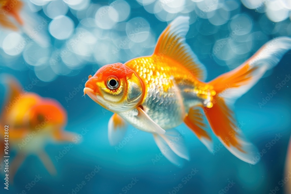 Goldfish in water blue water background