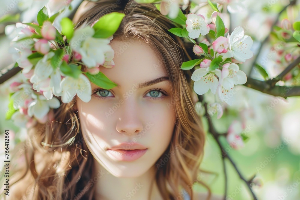 Fototapeta premium Gorgeous girl in the spring apple tree blooms