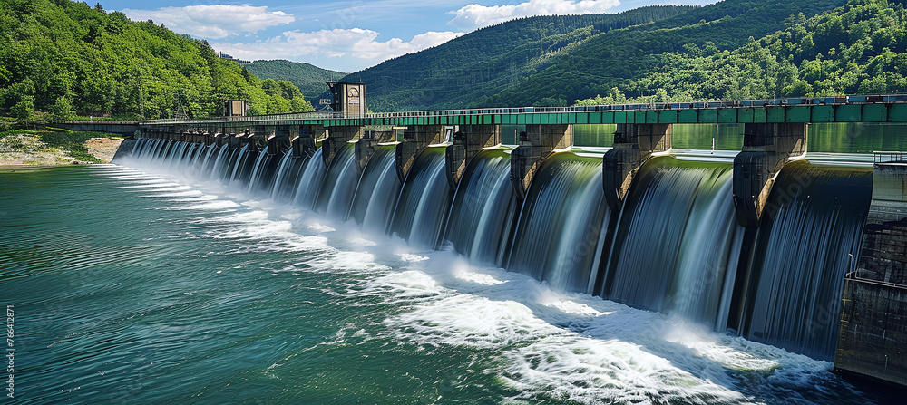 A hydroelectric dam with water flowing through turbines, emphasizing the power generation of water. A hydroelectric dam with water flowing through turbines, emphasizing the power generation of water.