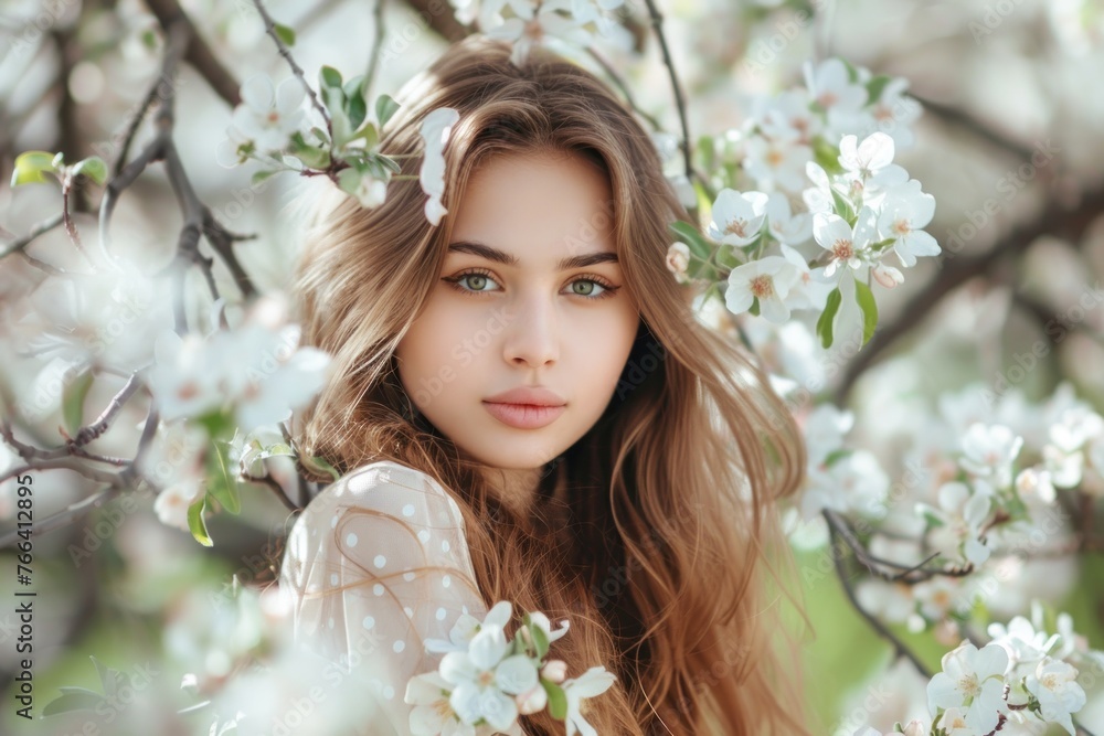 Gorgeous girl in the spring apple tree blooms Gorgeous girl in the spring apple tree blooms