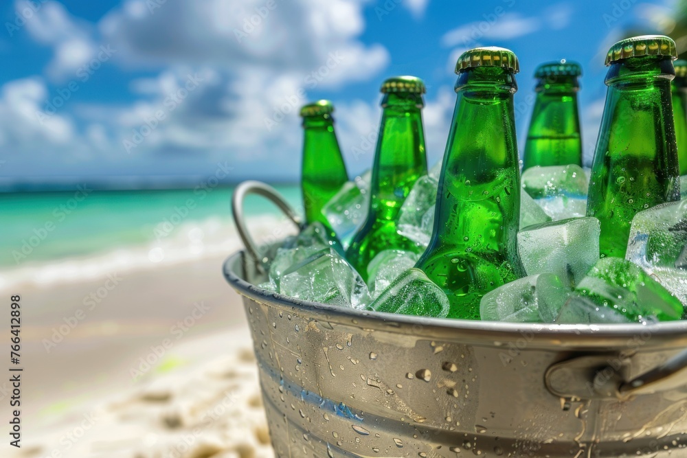 Green beer bottles in ice bucket on summer beach Green beer bottles in ice bucket on summer beach