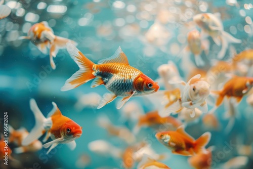 Goldfish in water blue water background