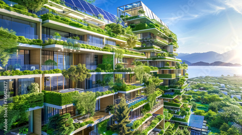 Sustainable eco-friendly building with green terraces