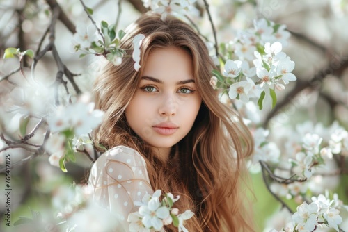 Gorgeous girl in the spring apple tree blooms © Igor