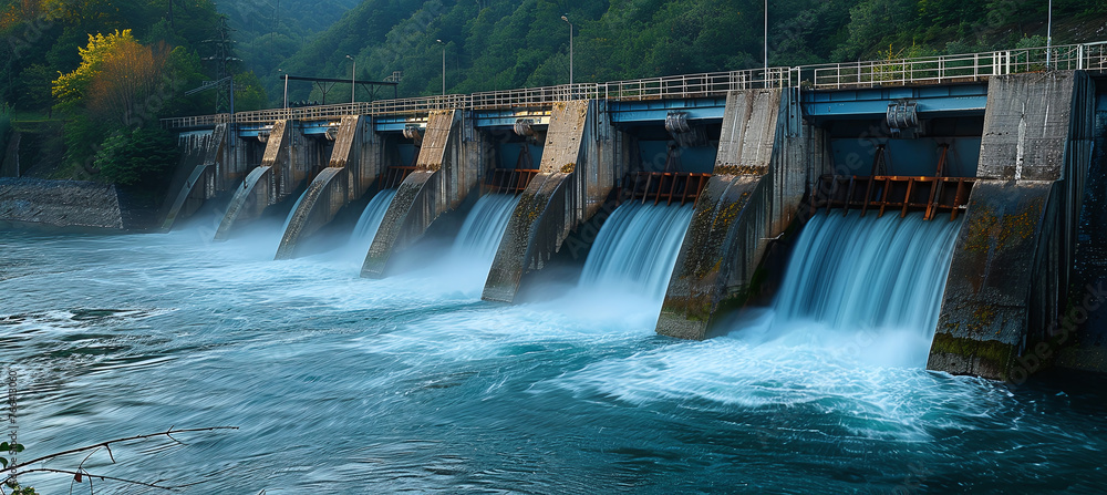 A hydroelectric dam with water flowing through turbines, emphasizing the power generation of water. A hydroelectric dam with water flowing through turbines, emphasizing the power generation of water.
