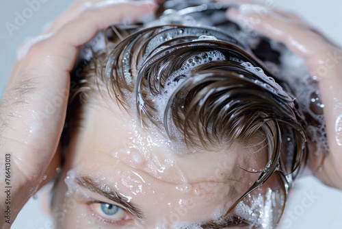 Handsome man washing his hair on white background