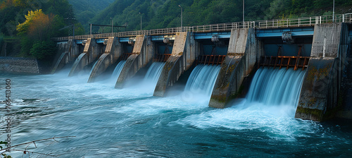 A hydroelectric dam with water flowing through turbines, emphasizing the power generation of water.