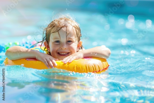 Happy child in swimming pool swimming on an inflatable toy