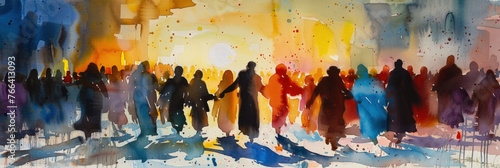 A painting depicting a diverse group of individuals holding hands in unity and solidarity © sommersby