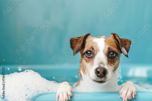 Happy cute dog in bath with foam and bubbles blue background