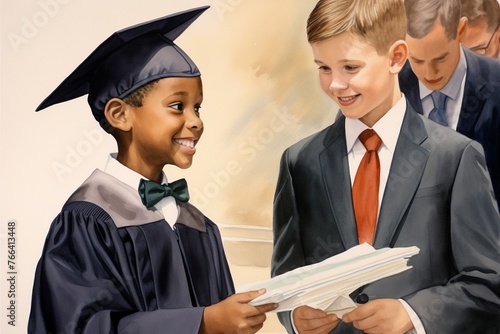 Watercolor School boy receiving a diploma at graduation photo