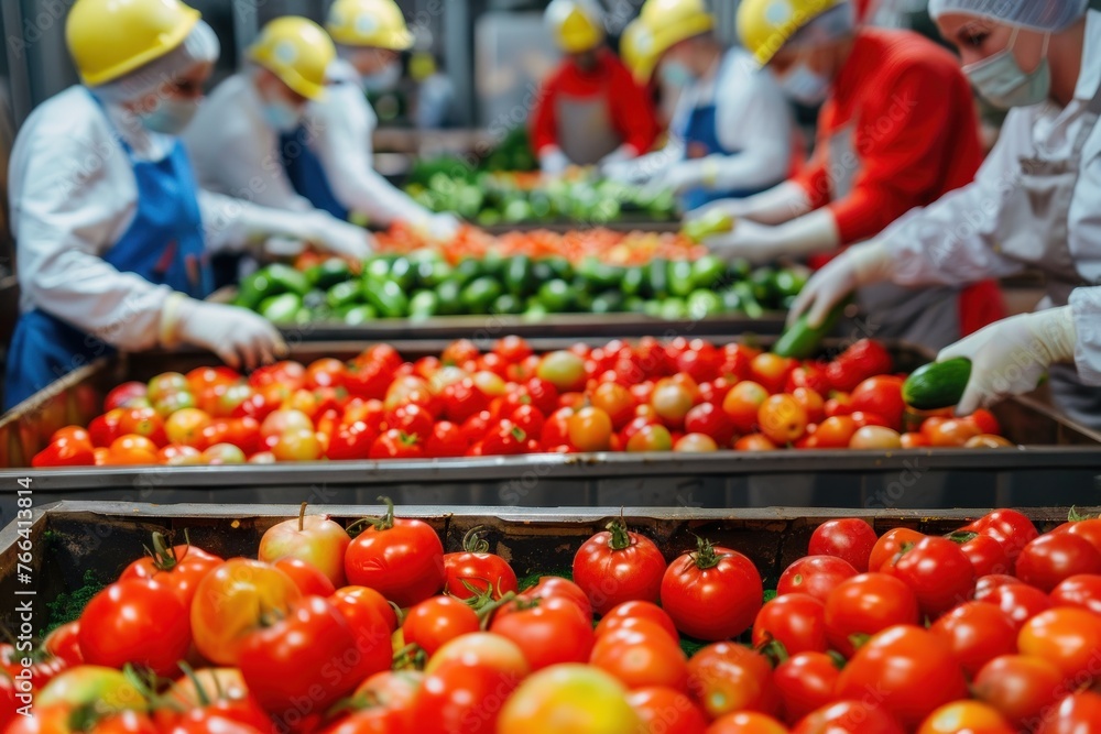 Industrial workers in a food processing plant sorting and packaging fruits and vegetables