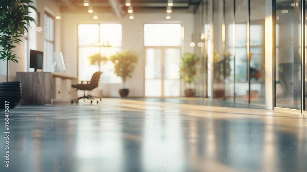 Empty business office with open floor plan warm ambient light filtering through casting a serene and inviting atmosphere softly blurred - obrazy, fototapety, plakaty 